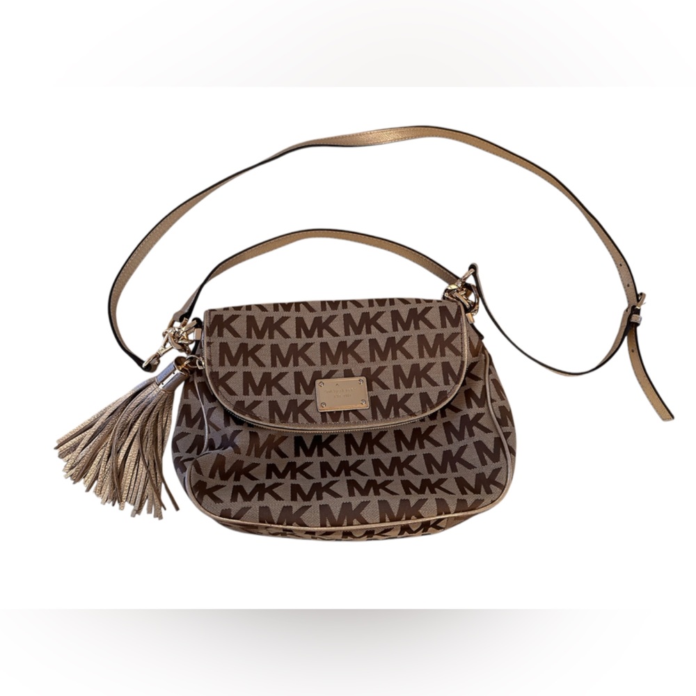 Michael Kors Signature Weston Fold Over Canvas Shoulder Bag Leather Tassle